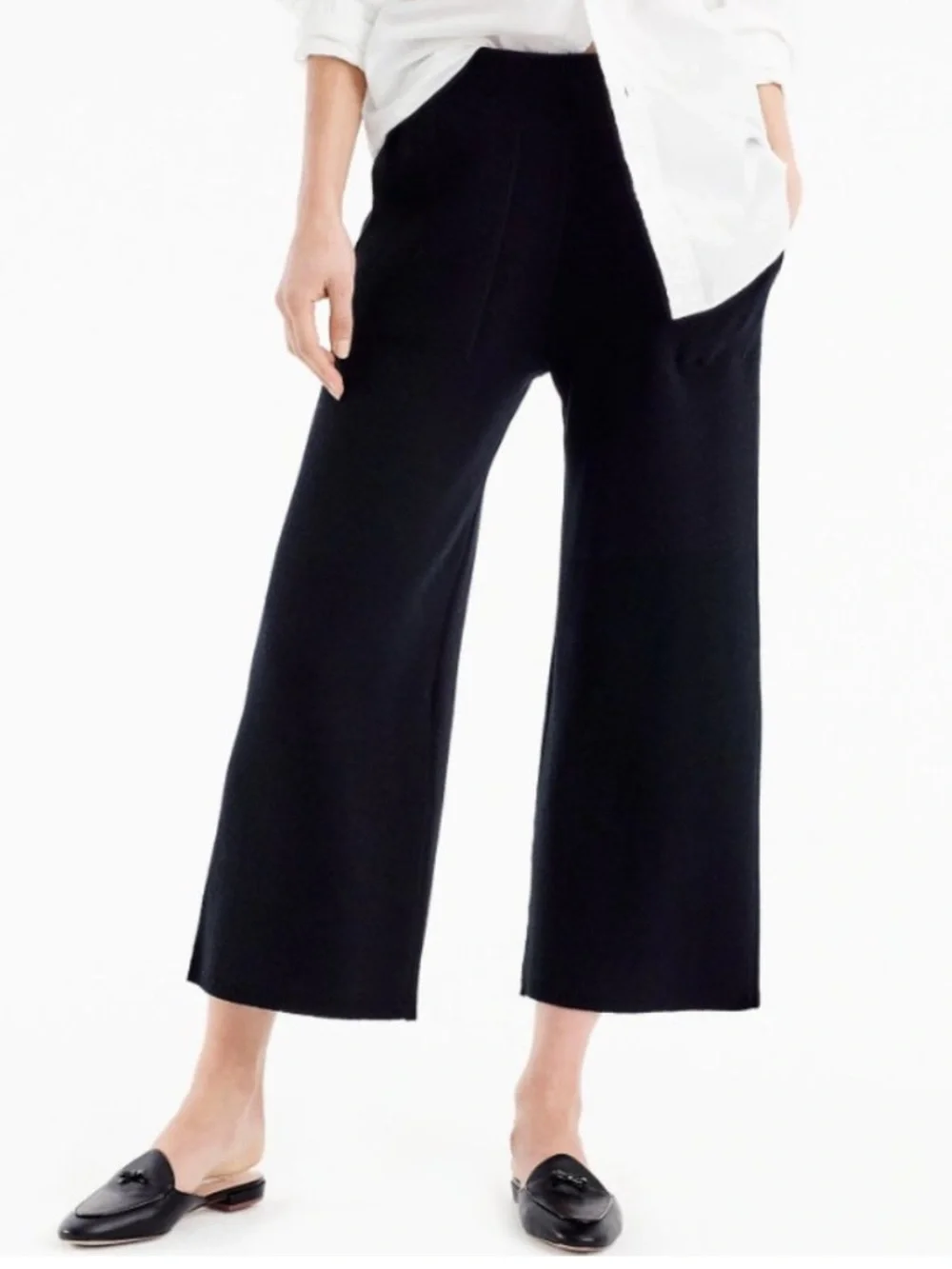 J Crew Collection Black Wool Cotton Cropped Wide Leg Pull On Knit Pants Medium